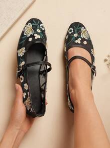 SHUZIA Elegant Black Floral Embroidered Mary Jane Flat Round Toe Shoe Perfect Comfort Fit For All-Day Wear - Black - View 3