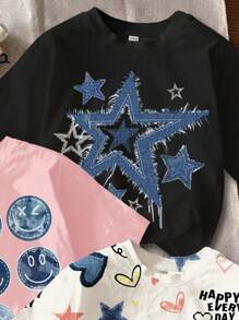 SHEIN Set de 3 camisetas de cuello redondo de manga corta con estampado de estrellas y caras vintage personalizado, en negro, blanco y rosa, de estilo informal minimalista para niña preadolescente, para el verano y resorts