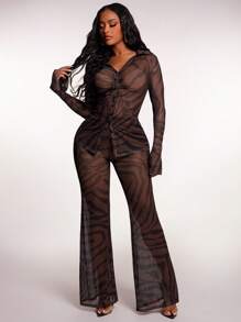 Radiana 2 件套女士休闲斑马纹透明网眼衬衫上衣和高腰长裤套装，街头风格度假，春夏 - 彩色 - 查看 1