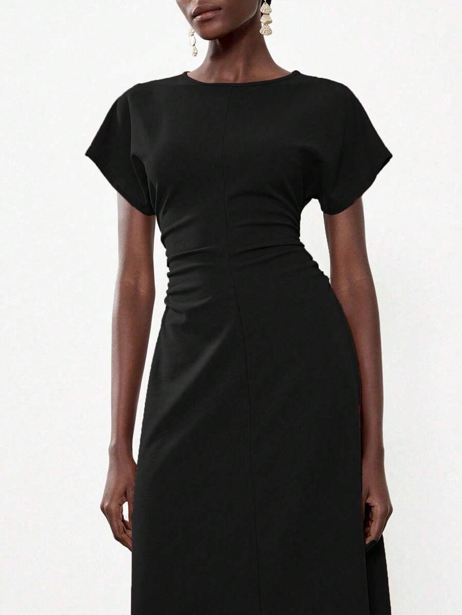 Lumivelle Round Neck Batwing Sleeve Ruched Women Dress - Black - View 1