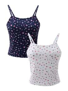 SHEIN Explorewe 2pcs Ditsy Floral Cami Tank Top For Teens, Slim Fit Cropped Camisole Summer Undershirt