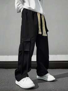 Claim Dot 男士抽绳腰部工装口袋宽松休闲裤，男士阔腿裤 - 黑色 - 查看 1
