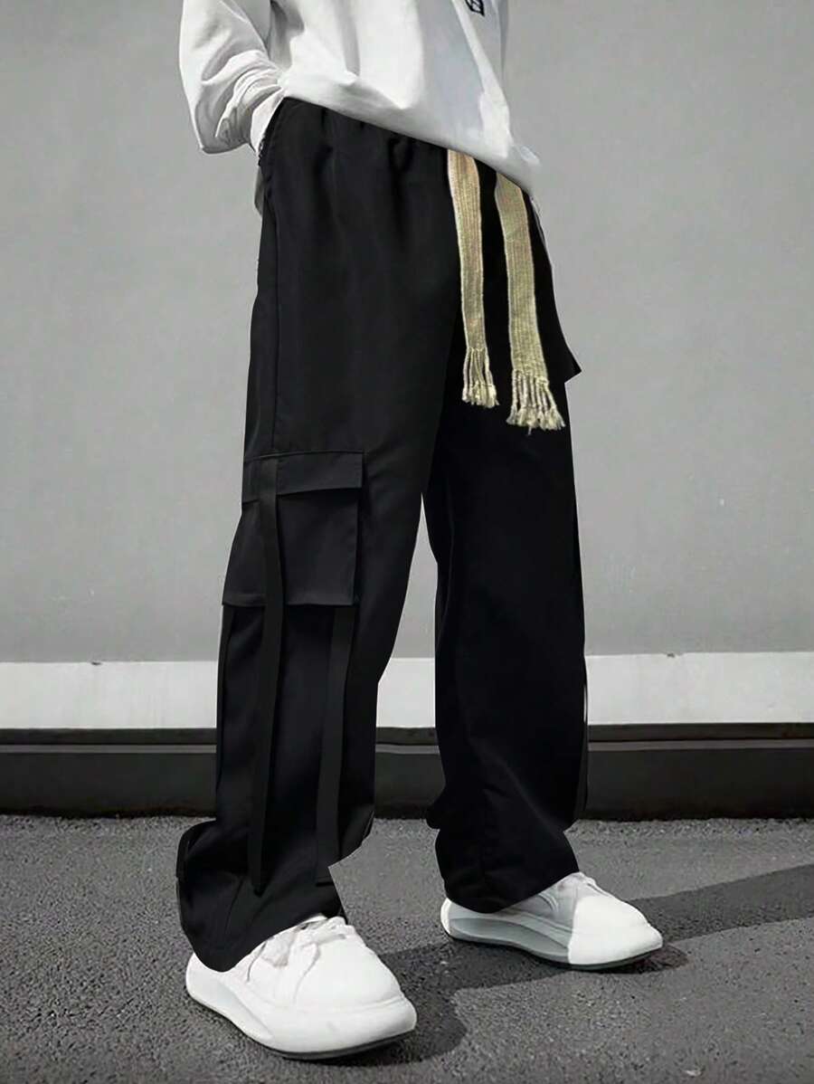 Claim Dot 男士抽绳腰部工装口袋宽松休闲裤，男士阔腿裤 - 黑色 - 查看 1