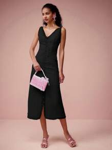 Enchnt Đầm bodycon dài vừa phải, không tay, phối ren đơn hàng khuy xẻ tà dành cho nữ - màu đen - Xem 4