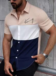 Manfinity Homme Men's Casual Letter Print Contrast Color Short Sleeve Shirt, Summer - Multicolor - View 5