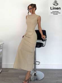 SHEIN Essnce Women Summer Breathable Two Pieces Set With Sleeveless Shirt & Slit Skirt | Business Casual Elegance, Old Money Aesthetic, 2025 Summer - Khaki - View 1