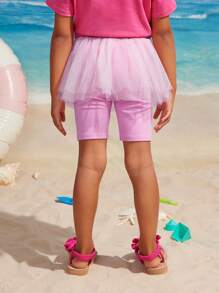 BABY SHARK X SHEIN Leggings de malha contrastantes com estampa de tubarão fofa para meninas - Rosa - Ver 7