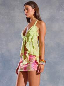 MUSERA Mesh Halter Neck Ruffle Trim Tie Front Top Spring, Summer, Ibiza, Y2k, Cool Girl, Festival, Rave, Vacation, Club, Cute, Holiday Going Out Top - Yellow - View 3