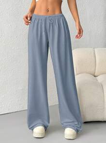SHEIN EZwear 女款純色腰部綁帶寬腿寬鬆休閒運動長褲 - 霧霾藍 - 查看 4