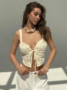 Aloruh New Arrival Spring/Summer Resort Lace-Up Textured White Blouse For Women - White - View 4