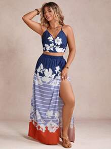 SHEIN VCAY Bộ 2 món áo in hoa đi nghỉ cỡ lớn và chân váy xẻ cao - Xanh và trắng - Xem 5