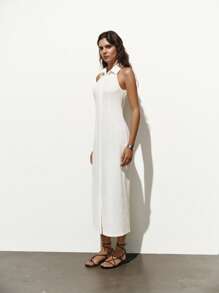 SHEIN Unity Textured Plain Color Shirt Collar City Commuting Women Long Dress - White - View 4