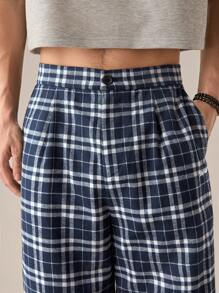 Manfinity VCAY Men's Casual Everyday Loose Fit Woven Plaid Elastic Waist Straight Leg Pants, School - Navy Blue - View 6