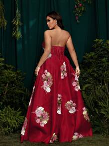 SHEIN Belle Vestido de novia tubo con estampado de talla grande, vestido de línea A de largo hasta el piso, diseño elegante y sencillo para boda, fiesta, banquete - Burdeos - Ver 2