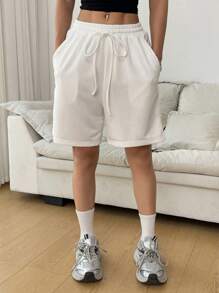 SHEIN EZwear Women Plain Color Tie Waist Pockets Casual Shorts - White - View 6