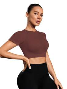 Easithlete 抽绳褶皱镂空后背运动背心健身背心健身房女式衬衫 - 咖啡棕 - 查看 4