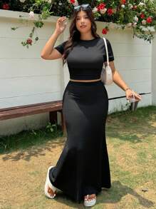 SHEIN EZwear 2 件套大码女式短袖圆领 T 恤和裤子休闲套装夏季 - 黑色 - 查看 7