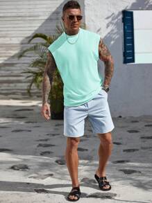 Manfinity Roughcore Men's Solid Color Textured Fabric Crew Neck Casual Tank Top, Holiday - Baby Blue - View 6