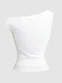 Chiquease Blusa de punto jacquard con decoración metálica y un solo hombro, elegante y de moda para mujer - Blanco - Ver 2