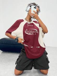 Coolane Women's Summer Streetwear Going Out Oversize Street-Style Versatile Splicing Contrast Color Moto Print Raglan Sleeve Jersey T-Shirt - Red - View 4