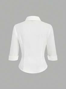 Lyrianda 女士商务休闲时尚衬衫（配领带）、修身版型、七分袖、多用途办公装 - 白色 - 查看 2