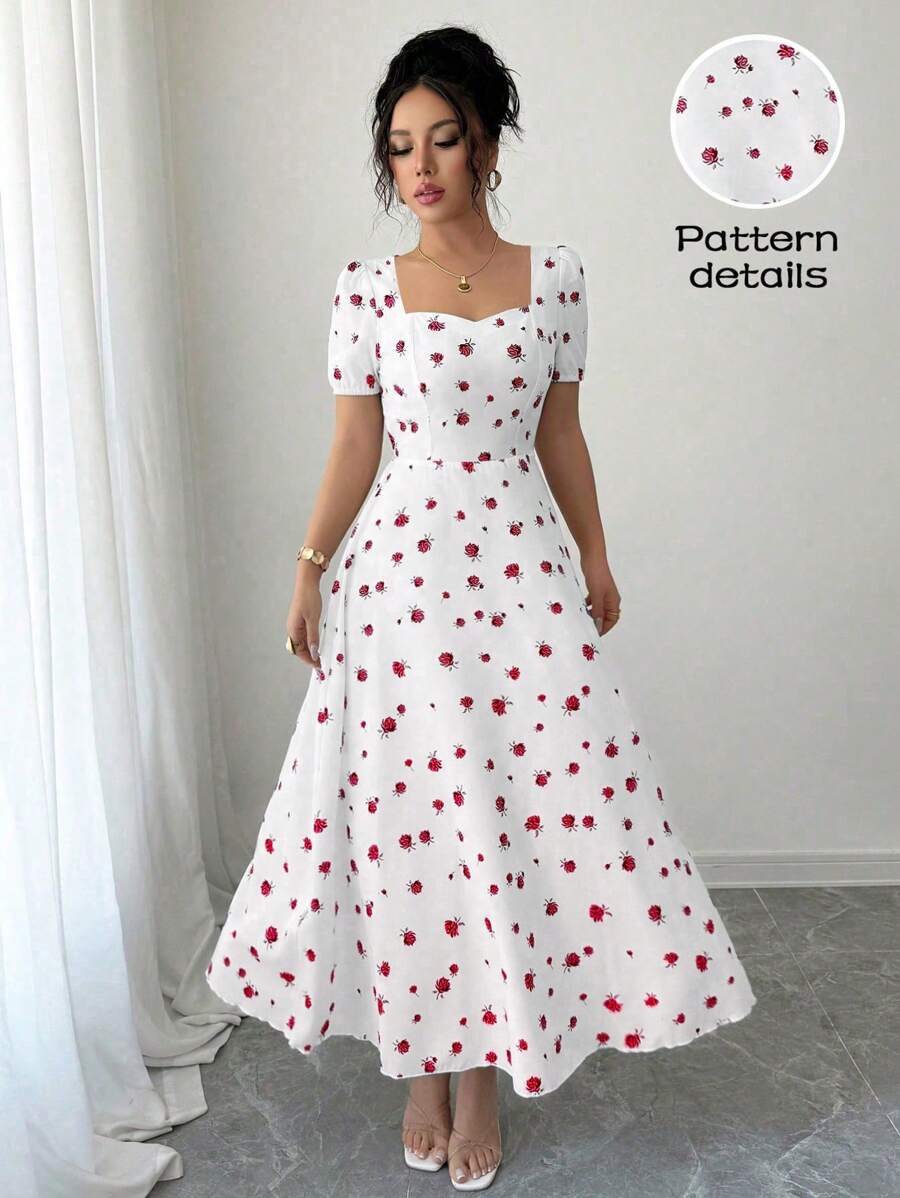 Elenzga Đầm Maxi thường ngày in họa tiết cổ tim tay ngắn cho nữ - Đỏ - Xem 1