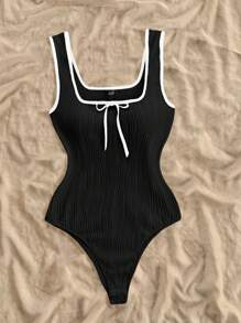 Soleia 蝴蝶结针织紧身衣，优雅度假休闲弹力修身紧身衣，拼色设计，百搭 - 黑色 - 查看 4