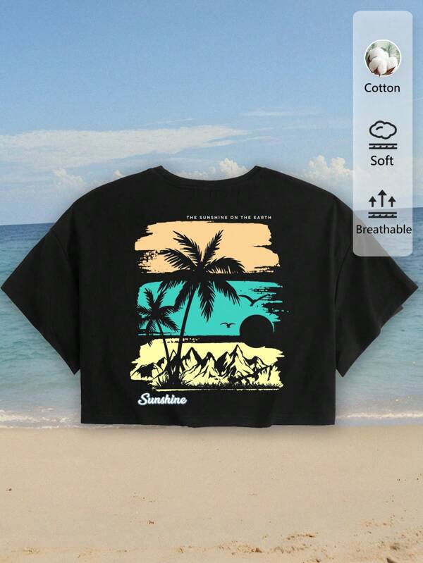 Tseoso Casual Loose Vacation Palm Tree Pattern Round Neck Short Sleeve Cotton T-Shirt For Women, Suitable For Summer Getaway