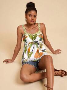 Travachic Top de tirantes con estampado tropical y volantes en el bajo para mujer, perfecto para vacaciones - Blanco - Ver 6