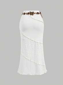 SHEIN MOD Women's White Patchwork Bohemian Maxi Skirt With Belt - White - View 2
