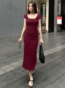 DAZY 女士方领褶皱短袖露背纯色迷你连衣裙优雅礼服女士连衣裙生日女装女士生日女士夏季服装酒红色中长连衣裙紧身中长连衣裙修身中长连衣裙长款紧身连衣裙弹力中长连衣裙红色女士连衣裙鸡尾酒裙 - 酒紅色 - 查看 2