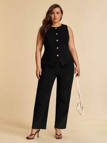 SHEIN BAE Summer Beach Vacation Plus Size Clothing Holiday Clothing Party Gathering, Date Travel, Go Out, Music Festival Clothing, Concert Clothing, Country Music Festival Clothing, Metal Flower Button Commuter Suit Vest Suit Suit Office Suit Work Wear - Black - View 7