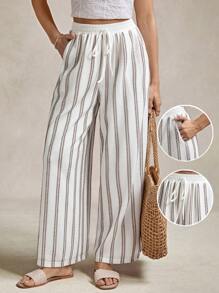 Wildy Women's Casual Resort Striped Print Elastic Waist Loose Palazzo Pants