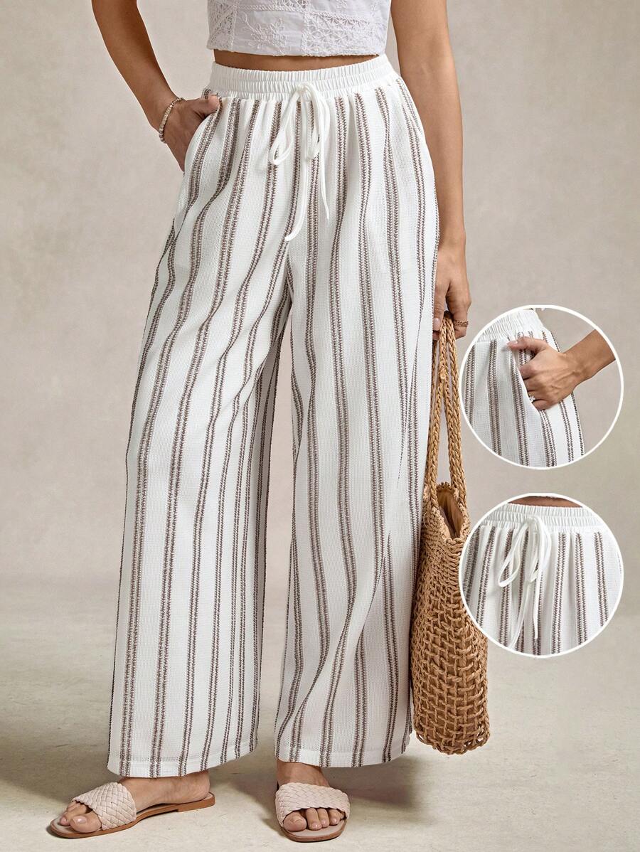 Wildy Women's Casual Resort Striped Print Elastic Waist Loose Palazzo Pants