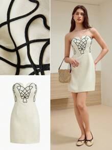 MOTF STUDIO WOMEN LINEN EMBROIDERED TUBE DRESS