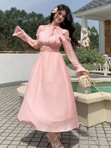 DAZY Rochie midi cu mânecă lungă pentru femei, de toamnă, cu model casual, cu talie înaltă, mânecă clopot, volane, guler nou, umăr deschis - Roz - Vizualizare 5