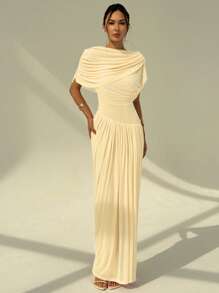 Aloruh Women's Solid Color Short Sleeve Waist-Cinched Elegant Off Shoulder Long Dress - Apricot - View 4