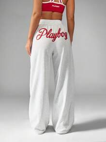 Missguided x Playboy Athletic Wide Leg Sweatpants Loungewear Workout Athleisure Soft Drawstring Elastic Waist Winter Comfort Pants Fall Winter Fashion