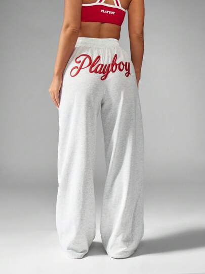 Missguided x Playboy Pantalones de chándal de pierna ancha deportivos, ropa de estar en casa, ropa de entrenamiento, estilo atlético, suaves, con cordón y cintura elástica, confort de invierno, moda de otoño e invierno
