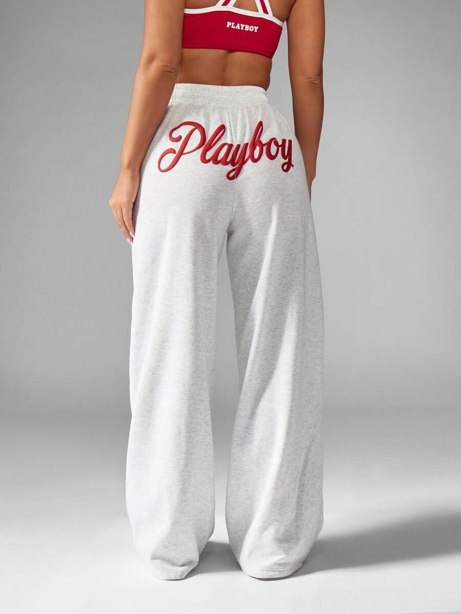Missguided x Playboy Athletic Wide Leg Sweatpants Loungewear Workout Athleisure Soft Drawstring Elastic Waist Winter Comfort Pants Fall Winter Fashion