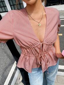 Pariaura French Casual Vacation Sexy Bowknot Up Ruffle Hem Short Sleeve Women Blouse - Multicolor - View 1