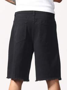 Manfinity Hypemode 男式宽松破洞下摆拉链口袋牛仔短裤 - 黑色 - 查看 8