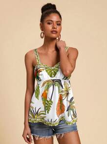 Travachic Top de tirantes con estampado tropical y volantes en el bajo para mujer, perfecto para vacaciones - Blanco - Ver 4