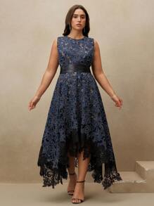 Anewsta Vestido elegante y romántico de talla grande con cinturón de cintura con parches de encaje floral perforado, recorte asimétrico con volantes - Azul Marino - Ver 2