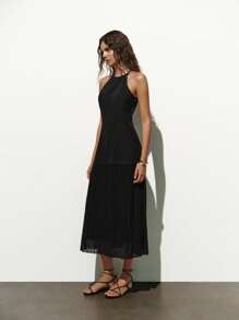 Lumivelle Women Solid Color Pleated Hem Halter Neck Dress - Black - View 4