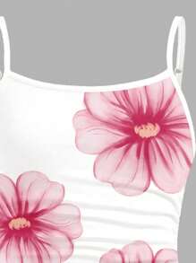 SHEIN Parte superior deportiva casual ajustada de tirantes con cintura fruncida con estampado floral de vacaciones para niñas preadolescentes - Blanco - Ver 4