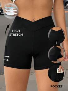 SHEIN EZwear 纯色不对称腰带手机袋侧边骑行短裤 - 黑色 - 查看 1