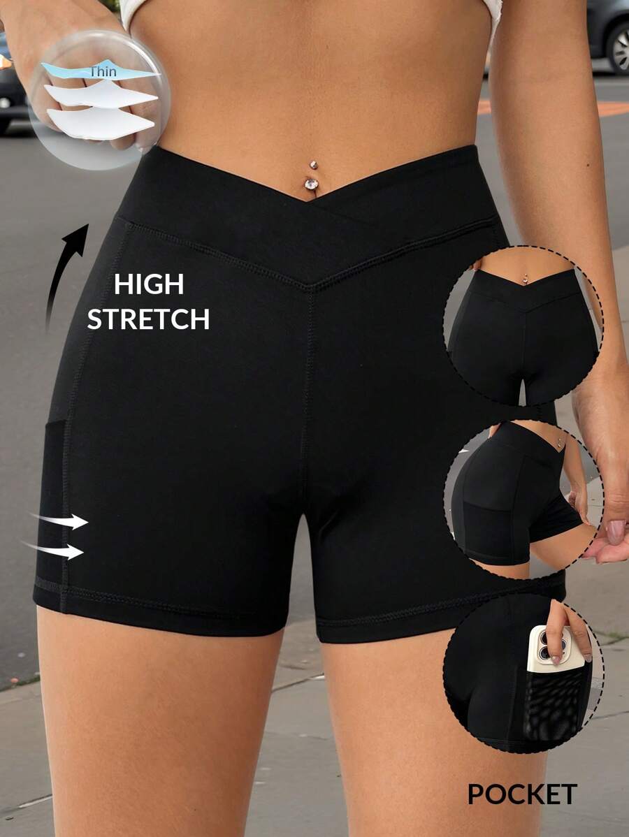 SHEIN EZwear 纯色不对称腰带手机袋侧边骑行短裤 - 黑色 - 查看 1