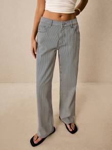 Poéselle 女士条纹牛仔裤，夏季时尚女士牛仔裤低腰直筒牛仔裤女士牛仔休闲宽松裤蓝色条纹裤女士裤子 - 深色水洗藍 - 查看 6