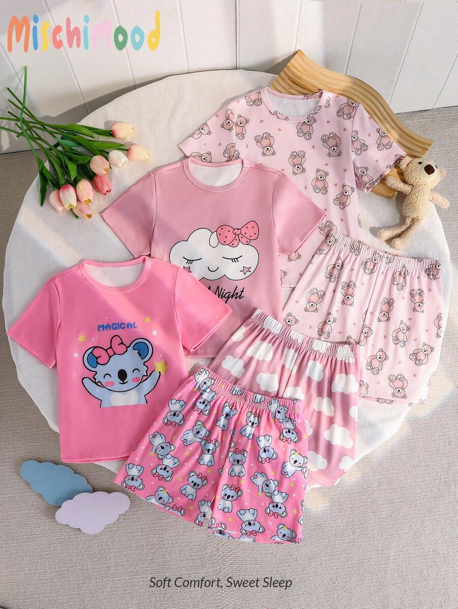 SHEIN 6pcs/Set Young Girl Cute Cat & Polka Dot Print Short Sleeve Top And Shorts Pajama Set - Olive Green - View 1